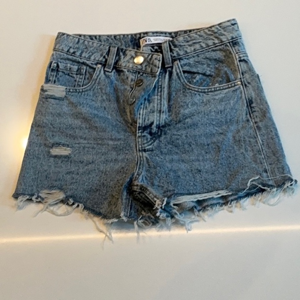 Zara Blue Jean Shorts Distressed Frayed Hem